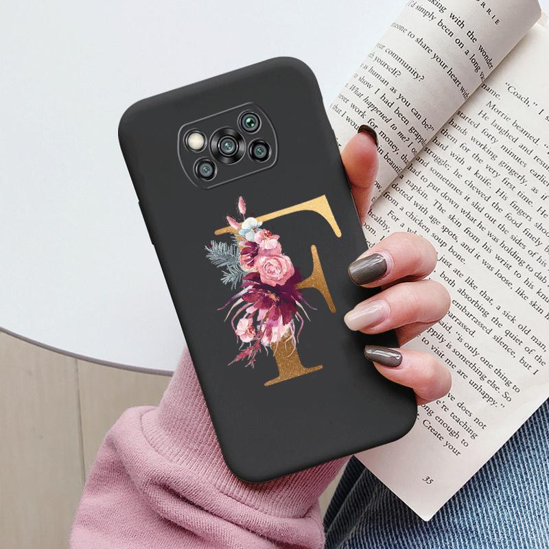 Letter Case For Poco X3 NFC PocoX3 Pro Back Cover Retro Flowers Pink Black Soft TPU Initial Fundas For Xiaomi Poco X 3 Pro Coque