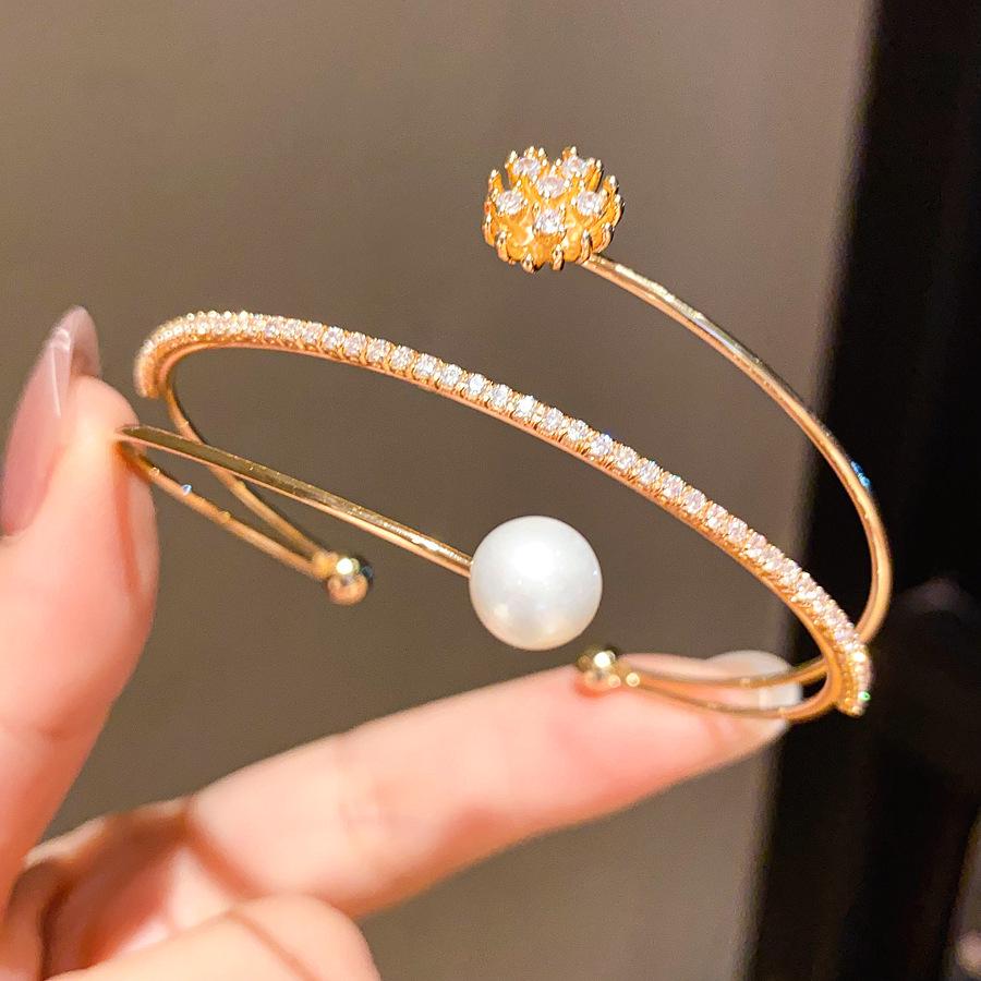 

Korean Zircon & Pearl Multilayer Flower Bangle - Elegant & Versatile Women s Jewelry