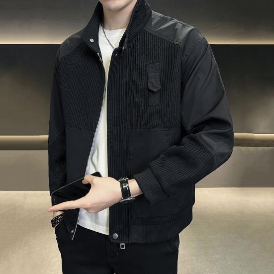 Men Jacket Stand Collar Long Sleeve Zipper Placket Jacket Coat Solid Color Retro Corduroy Jacket Short Style Windbreaker