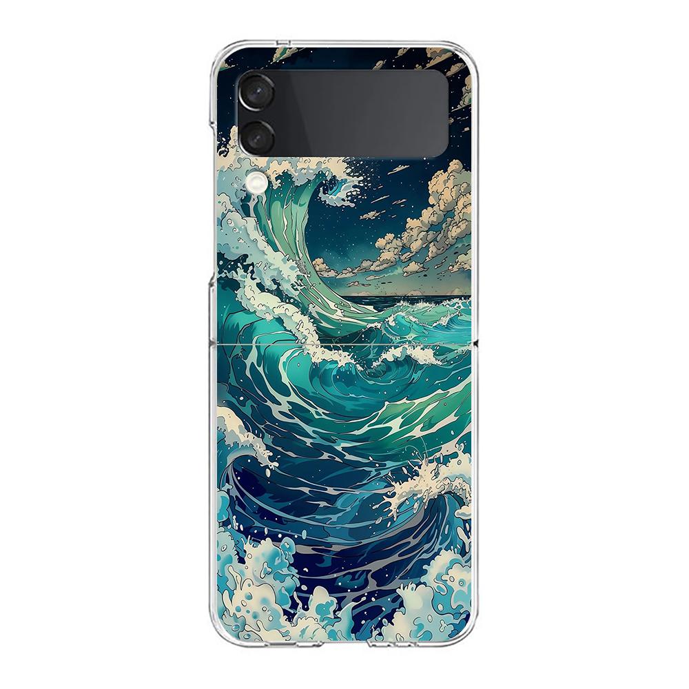 Transparent Phone Case For Samsung Galaxy Z Flip 3 4 5 6 7 Hard Folding PC Z Flip3 Flip4 Cover Cute Blue Pattern