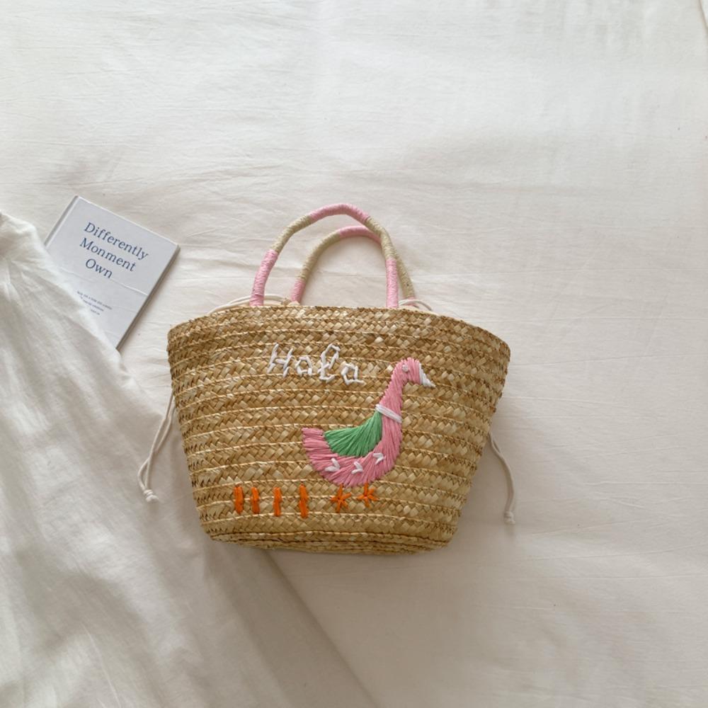 Grass Coconut Tree Embroidery Straw Bag Large Capacity Rattan Handbag Trendy Weave Tote Bag  Women розовый