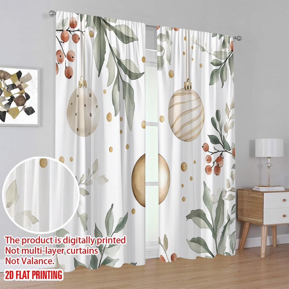 2pcs,2D Plane Printing Curtains Christmas Ornaments Holly Berries (3) 100% Polyester (without Rod) Outdoor Decorations for