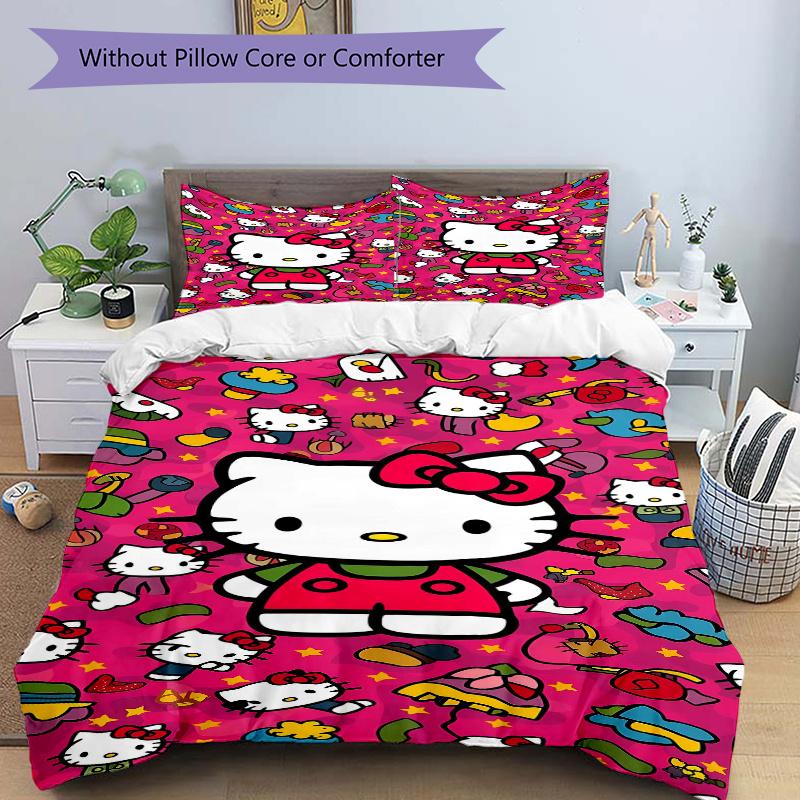 3pcs Pink Hello Kitty's Printed Quilt Set - Includes 1 Quilt Cover and 2 Pillowcases, Machine Washable - Suitable for All Seasons.S071