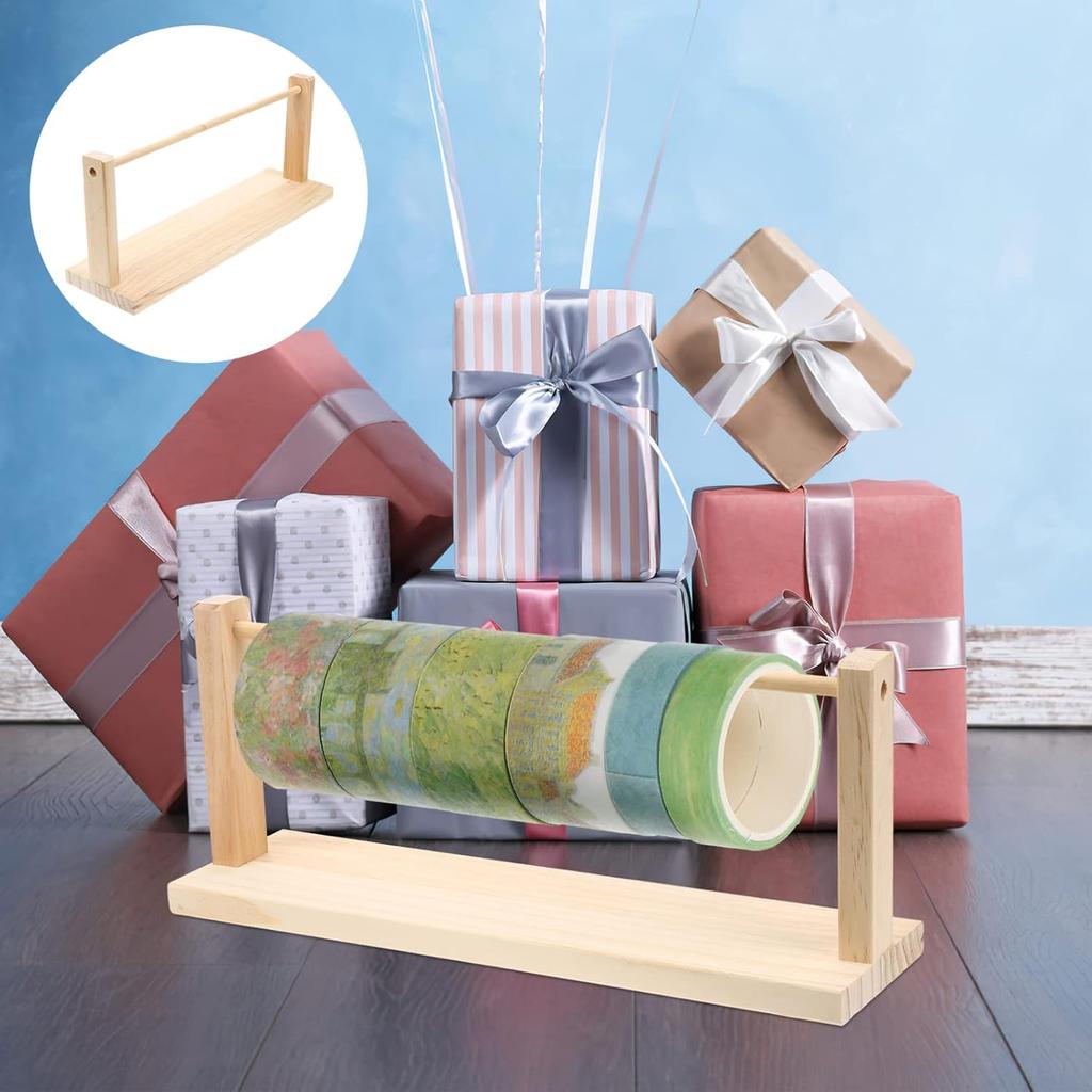 Jojofuny Wooden Tabletop Paper Roll Dispenser Vintage Rotatable Bobbin Stand Paper Roll Dispenser Holder Sewing Ribbon Yarn Organizer for Holiday