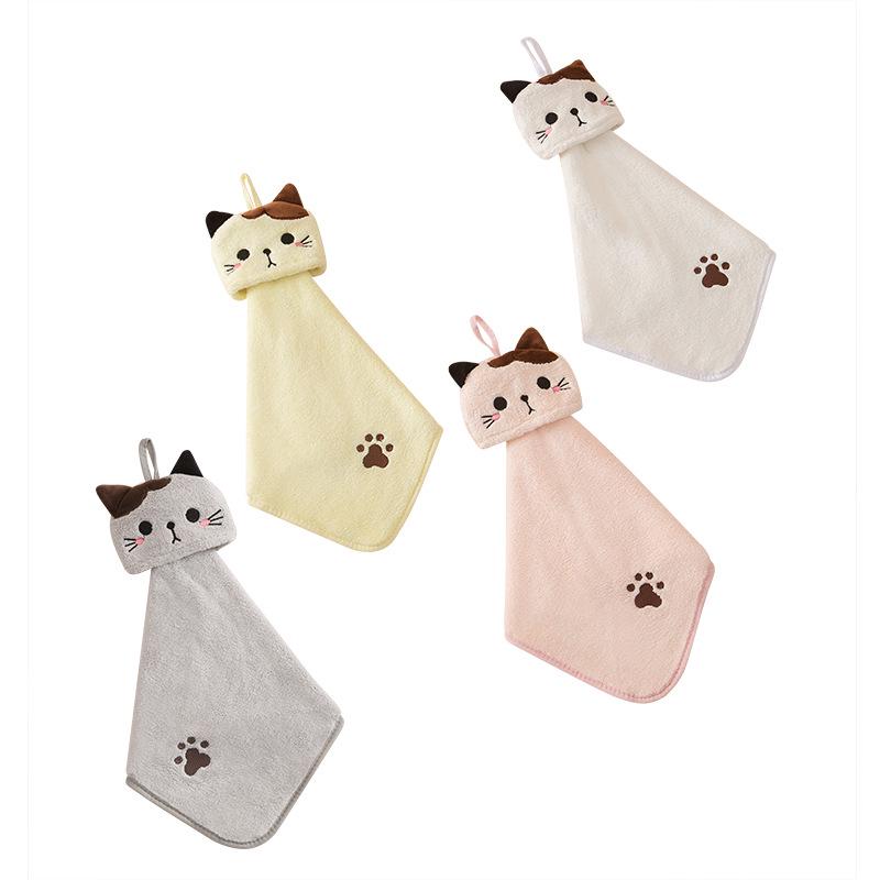 Cat Embroidery Coral Fleece Towel - Absorbent Hanging Hand Towel for Kitchen & Bathroom