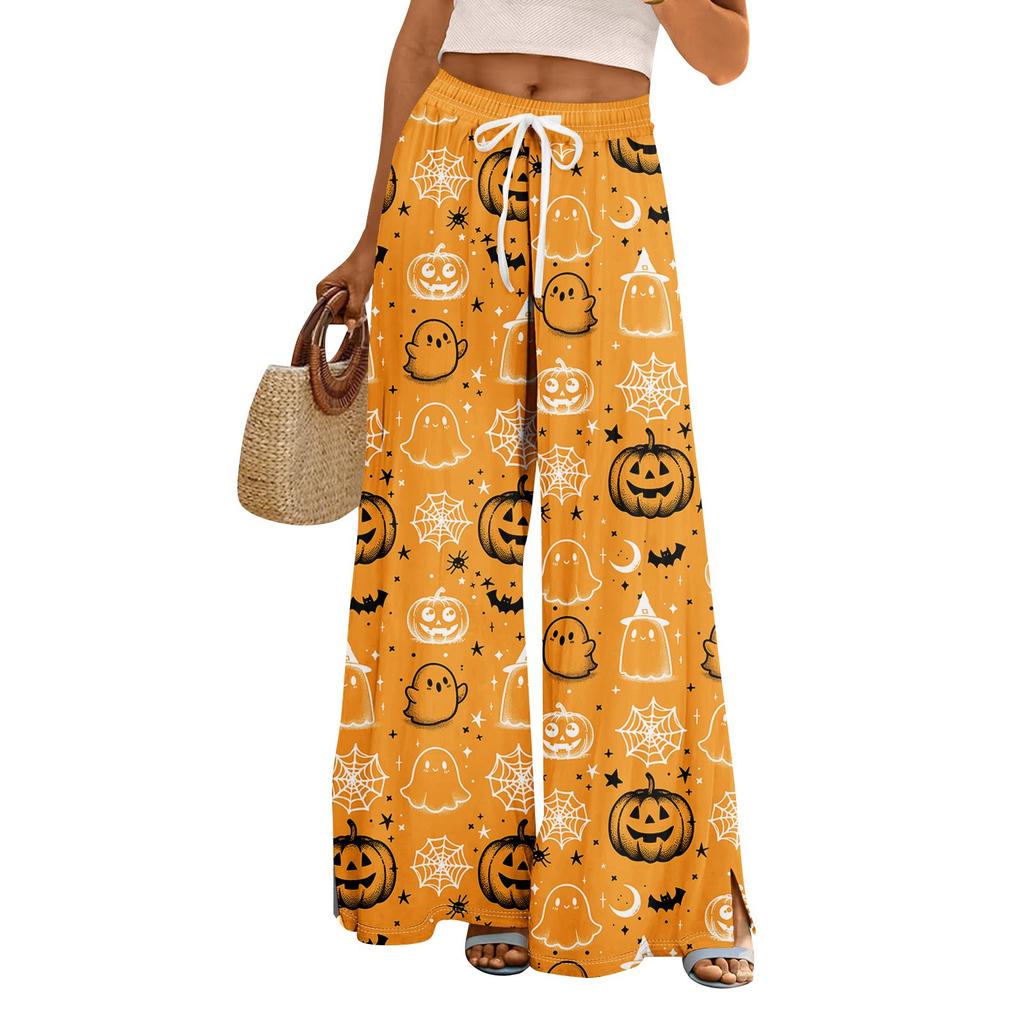 Damen Sommer Boho Palazzo Hose Hohe Taille Weites Bein Halloween Druck Lässige Hose mit Taschen