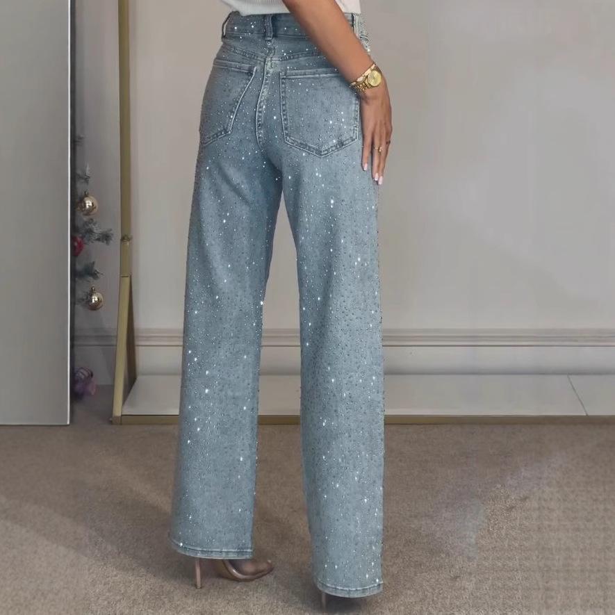 Women's Full Diamond Washed High-Waisted Straight-Leg Denim Pants