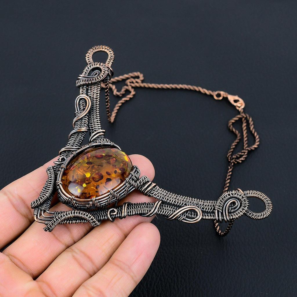 Baltischer Bernstein-Edelstein, reiner Kupferdraht, umwickelt, handgefertigter Halskettenschmuck für Sie