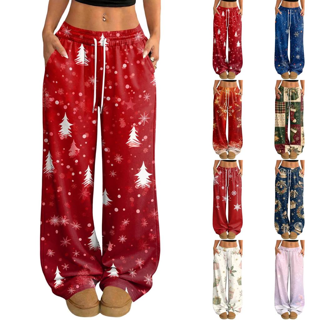 Women's Casual Christmas Print Loose Fit Straight Leg -Lined Pants with Elastic Waist for Winter