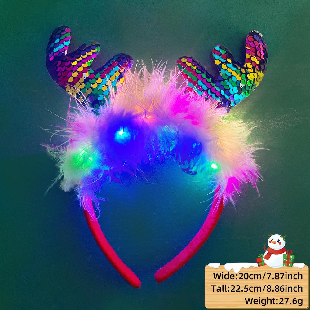 Unique And Colorful Christmas Antler Headband With Soft Plush And Lights For Creative Outfits Party