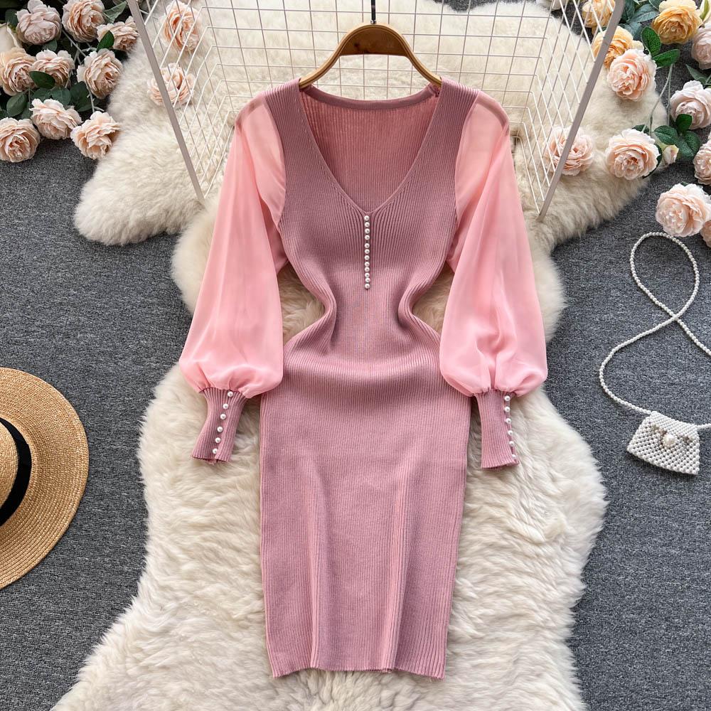 

Весеннее маленькое ароматное ветровое сетчатое строчка с длинными рукавами с V-образным вырезом обтягивающее платье знаменитости