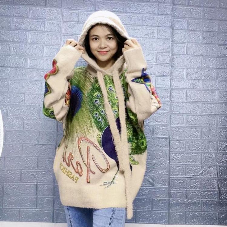 Women Autumn Winter Oversize Pullover Sweater Plus Size Pattern Printing Knitted Hat Loose Full Sleeve Sweaters