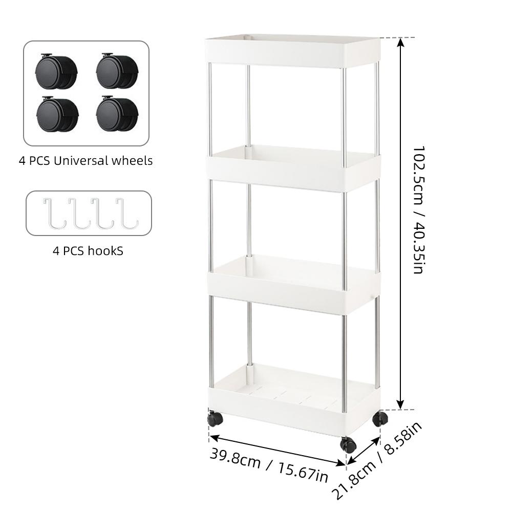 Bathroom multi-layer floor-to-ceiling storage rack kitchen supplies plastic removable storage rack crevice trolley rack  4 Layers