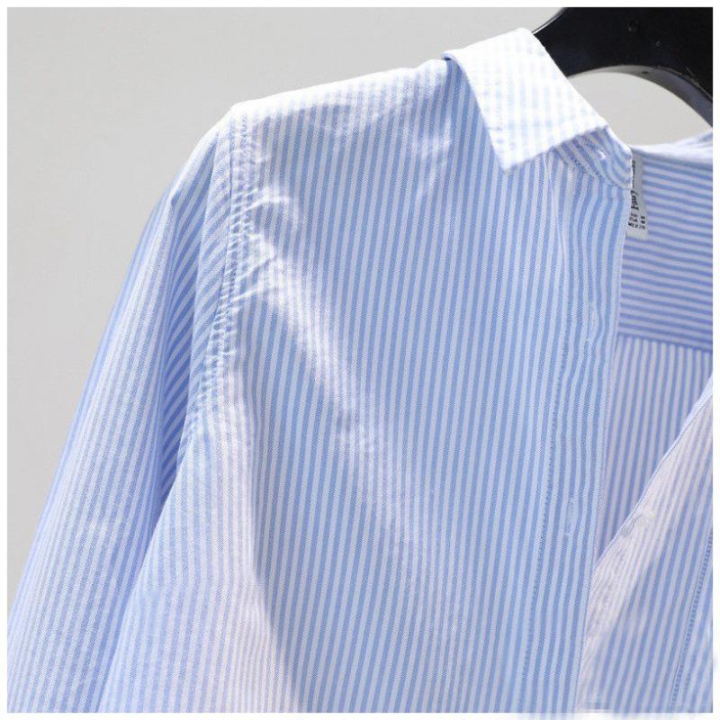Light Blue Pinstripe Cotton Shirt - Spring 2023 Loose Casual Long Sleeve with Single Pocket