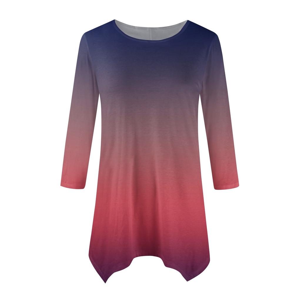 Women's Fashion Casual Crew-neck Gradual Print Seven-point Sleeve Shirt Belted Loose Comfortable Top