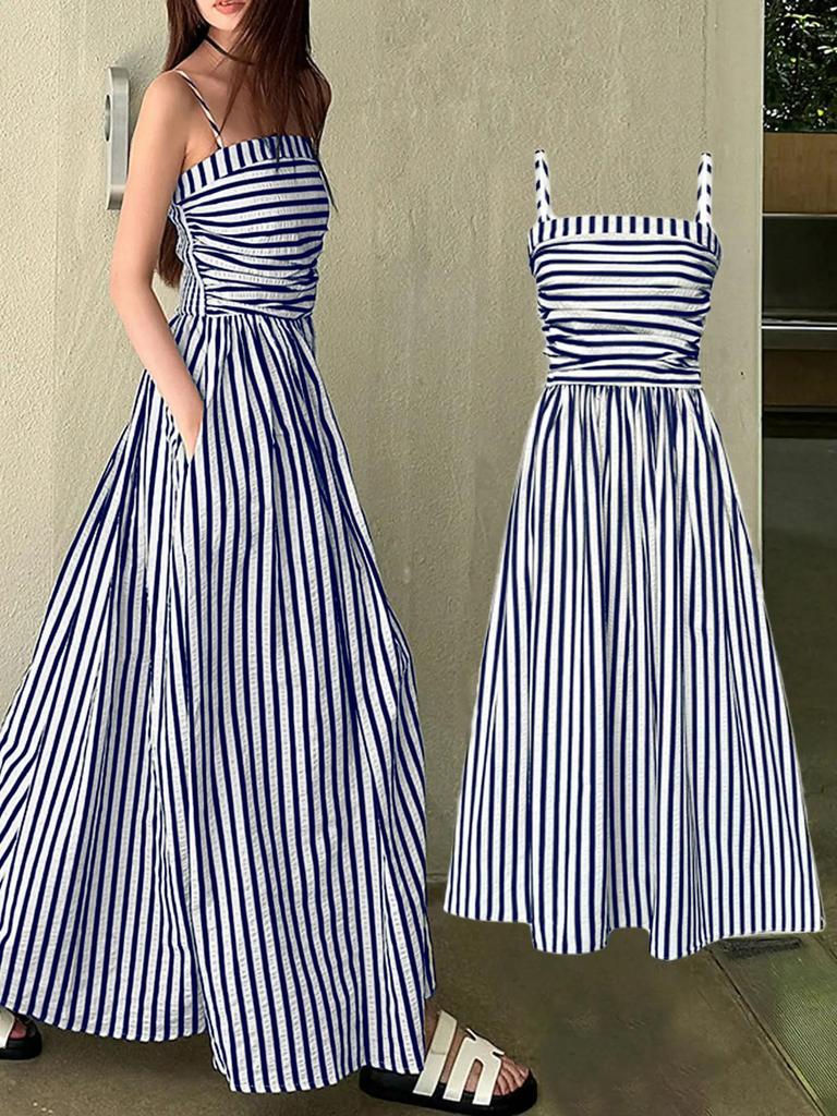 Women Black and White Striped Strappy Maxi Dress