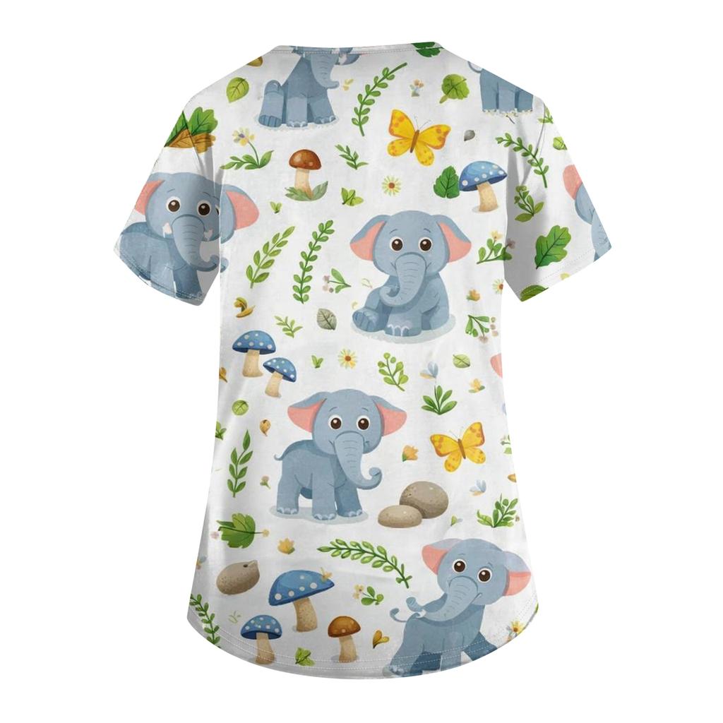 Women's Casual Short-Sleeve Cute Animal Print V-Neck Pocket Workwear Top