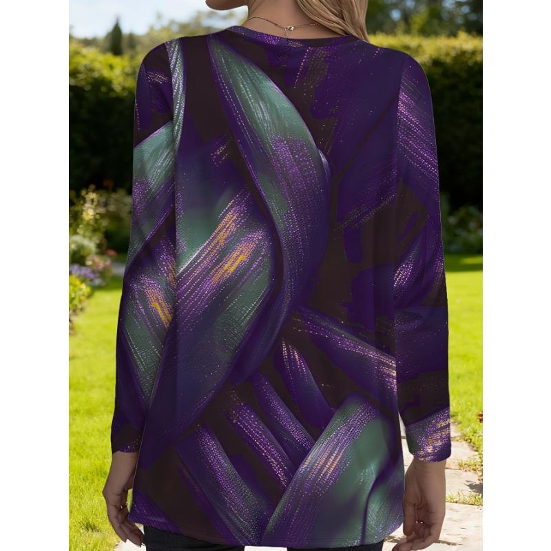 Women's Plus Size Pocket Design Purple and Green Smudged Loose Sweater Women's Fashionable Casual Top