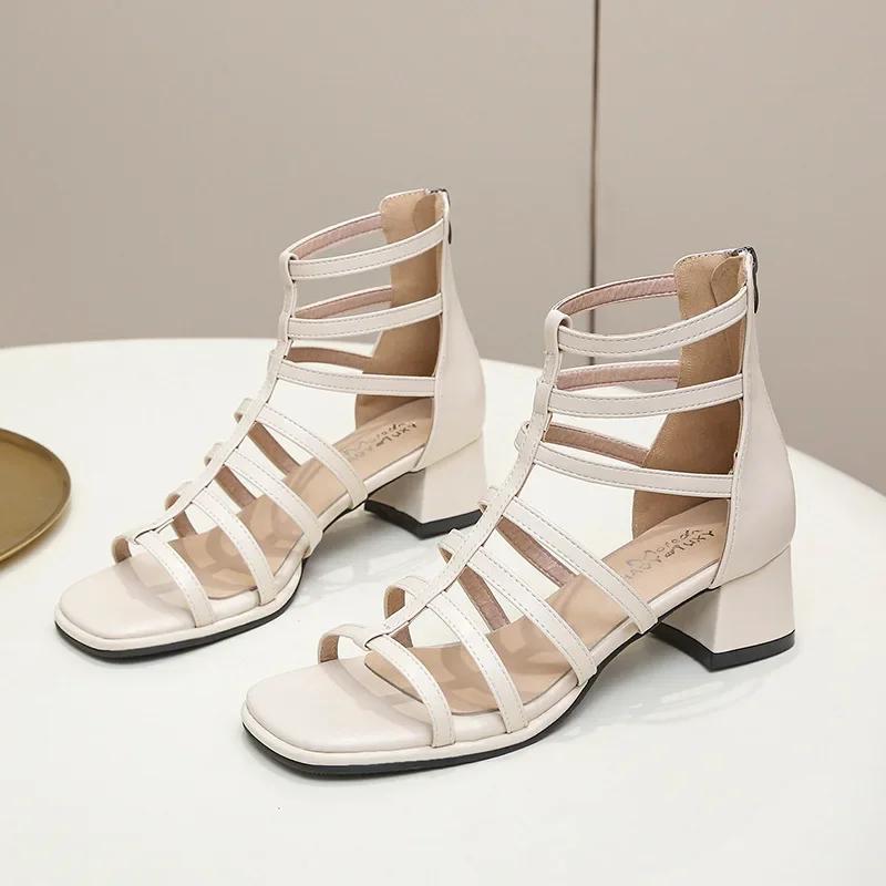Fashion Women Summer New High-heeled Platform Boots Women Fashion Square Toe Hollowed  Out Sandals Solid Color Sexy Party Dress Sandals