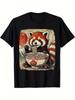 Men'S Funny Red Panda Eating Ramen Japanese Kawaii Anime Design T-Shirt - Black Casual Short Sleeve Crew Neck