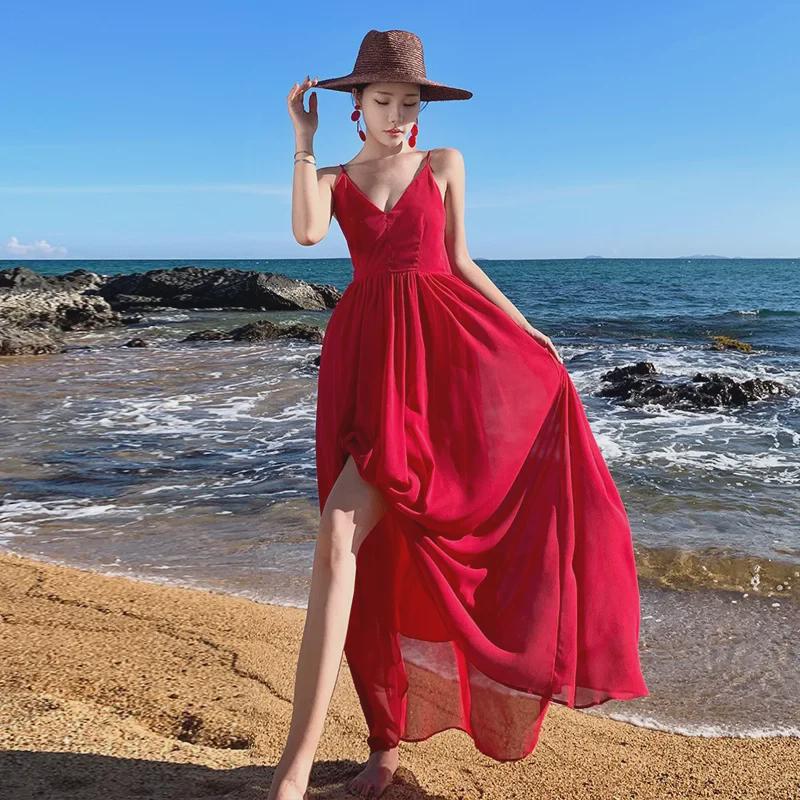 Elegant Red Fairy Beach Dress: Long, Backless, Sanya Travel Skirt