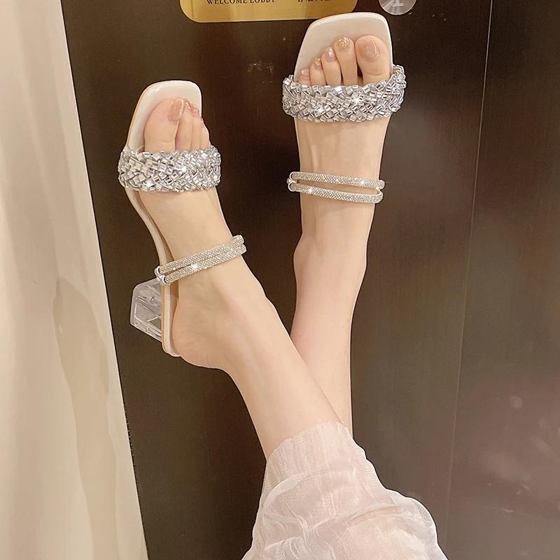 Shoes for Women 2025 New Summer Outdoor Large Size Women's Slippers Fashion Rhinestone Peep Toe Square Heel Modern Slippers