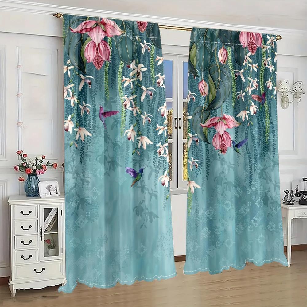 2pcs Luxury Beautiful Flowers Print Curtain Rod Pocket Curtains, Decorative Curtains For Living Room Bedroom Office Home Decor