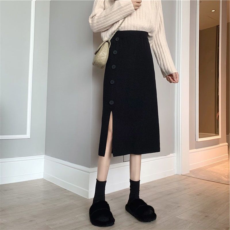 Mid Length Knitted Half Length Skirt for Women In Autumn and Winter High Waist Versatile Split Skirt A-line Hip Wrapping Skirt