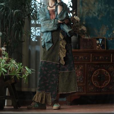 Luo Gu Ni Original Green Patchwork Cotton Linen Lace-Up Wrap Skirt