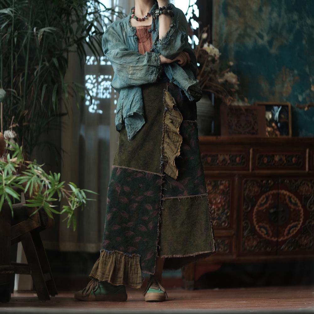 Luo Gu Ni Original Green Patchwork Cotton Linen Lace-Up Wrap Skirt