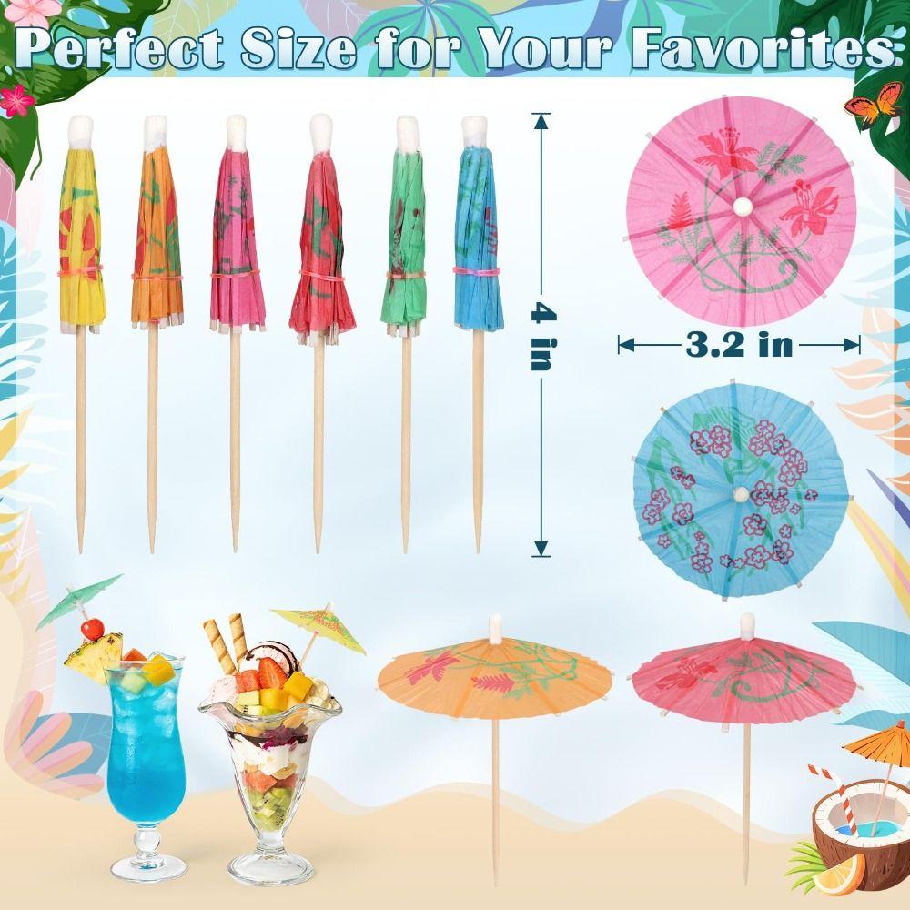 100PCS Paper Umbrella Tops Cocktail Picks Wooden Sticks Decorative Skewers Dessert Topping