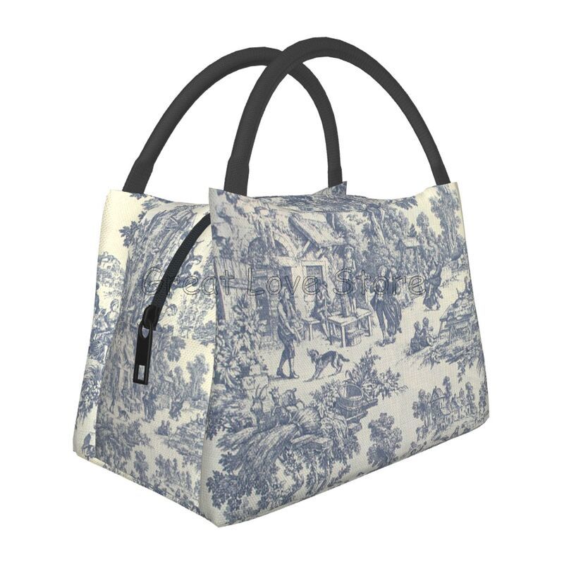 French Toile De Jouy Thermal Lunch Bag Unisex Portable Insulated Cooler Bento Tote Bag for Picnic Work Reusable Packed Lunch Box