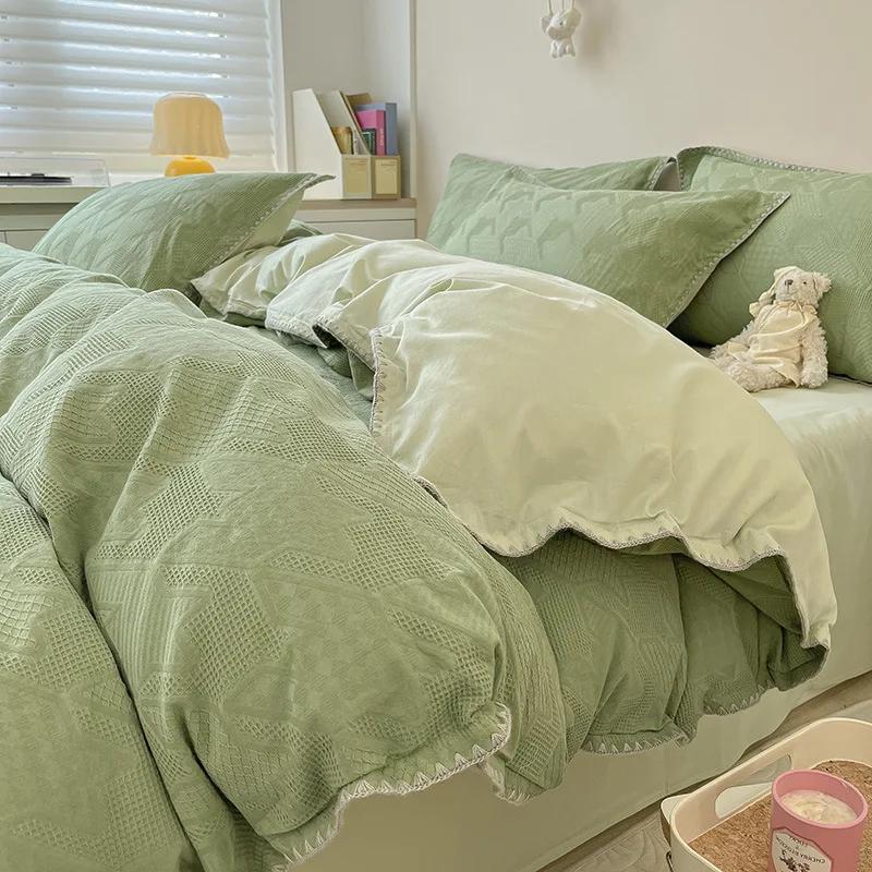 Class A Cotton Waffle Jacquard Four Piece Set with 100 Thread Count Washed Pure Cotton Bed Sheet and Quilt Cover 1.5m four piece set