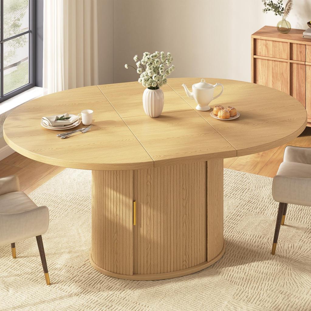 Tavolo da pranzo rotondo estensibile, tavolo da pranzo allungabile per 4-6 persone, con spazio contenitore, ante scorrevoli e 2 ampi scomparti, 120–160×120×75 cm