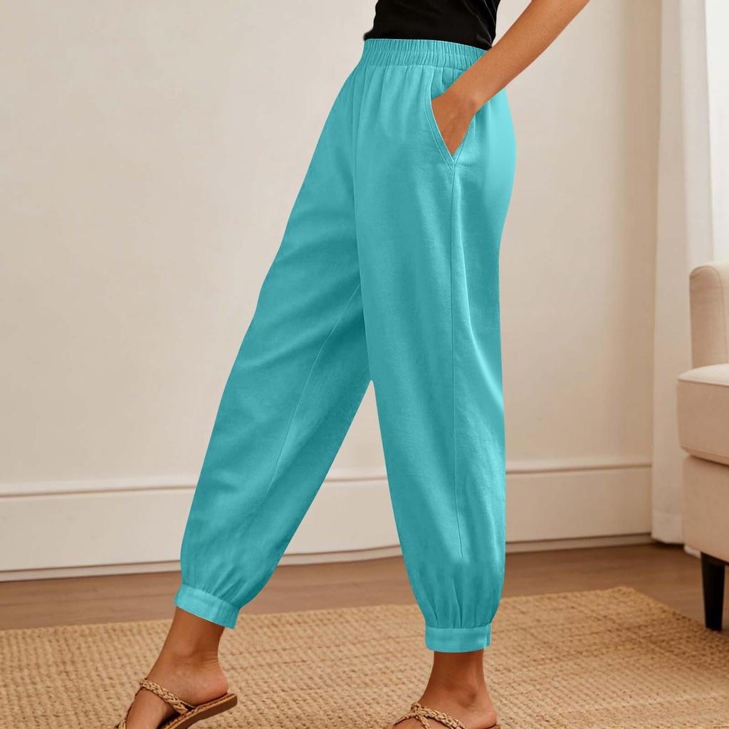 Women's Fashionable Color High Waisted Pocket Cotton Linen Daily Casual Pants