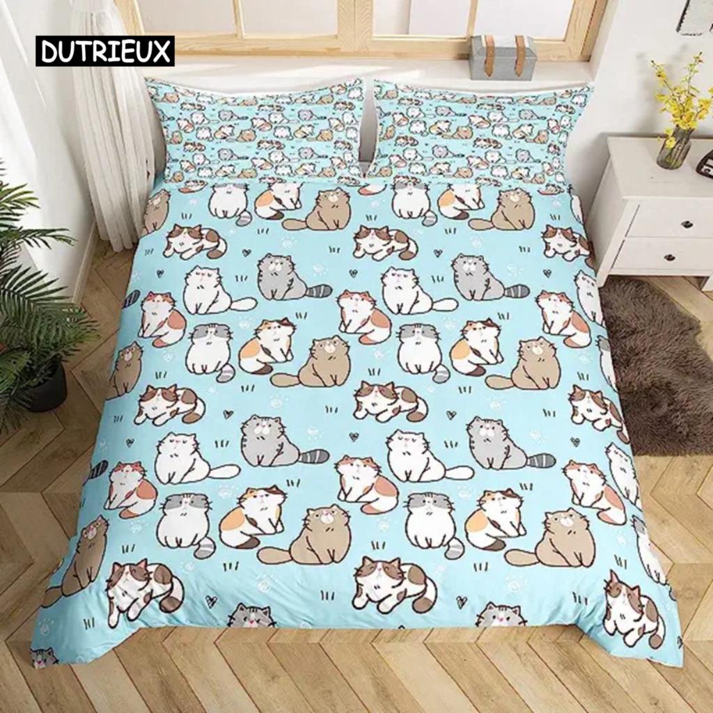 Cartoon Cats Green Duvet Cover Cute Cartoon Cats Pet Bedspread Printed Duvet Cover Set for Boys Girls for Room Decoration Gifts