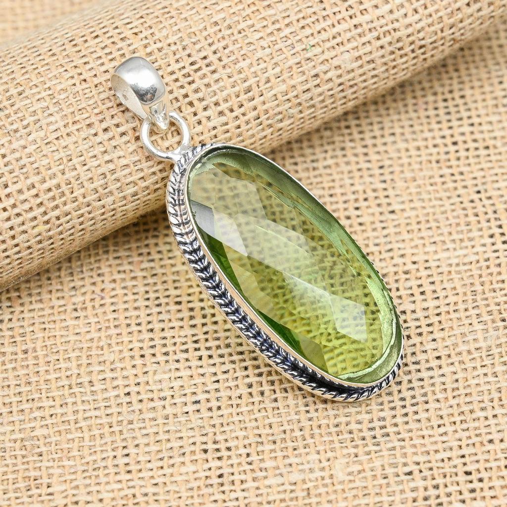 Green Amethyst Gemstone Handmade 925 Sterling Silver Pendant Jewelry For Christmas