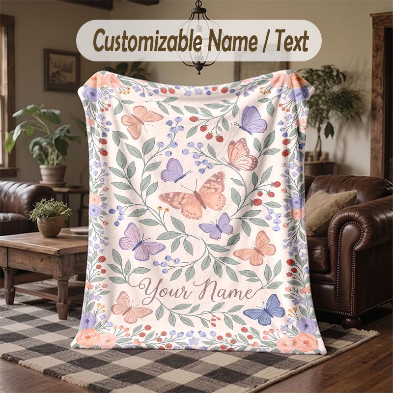 Butterflies Floral Elegance 4 Theme Throw Blanket Custom Name Text Personalized Blanket Soft Cozy Blanket for Home Sofa Bed
