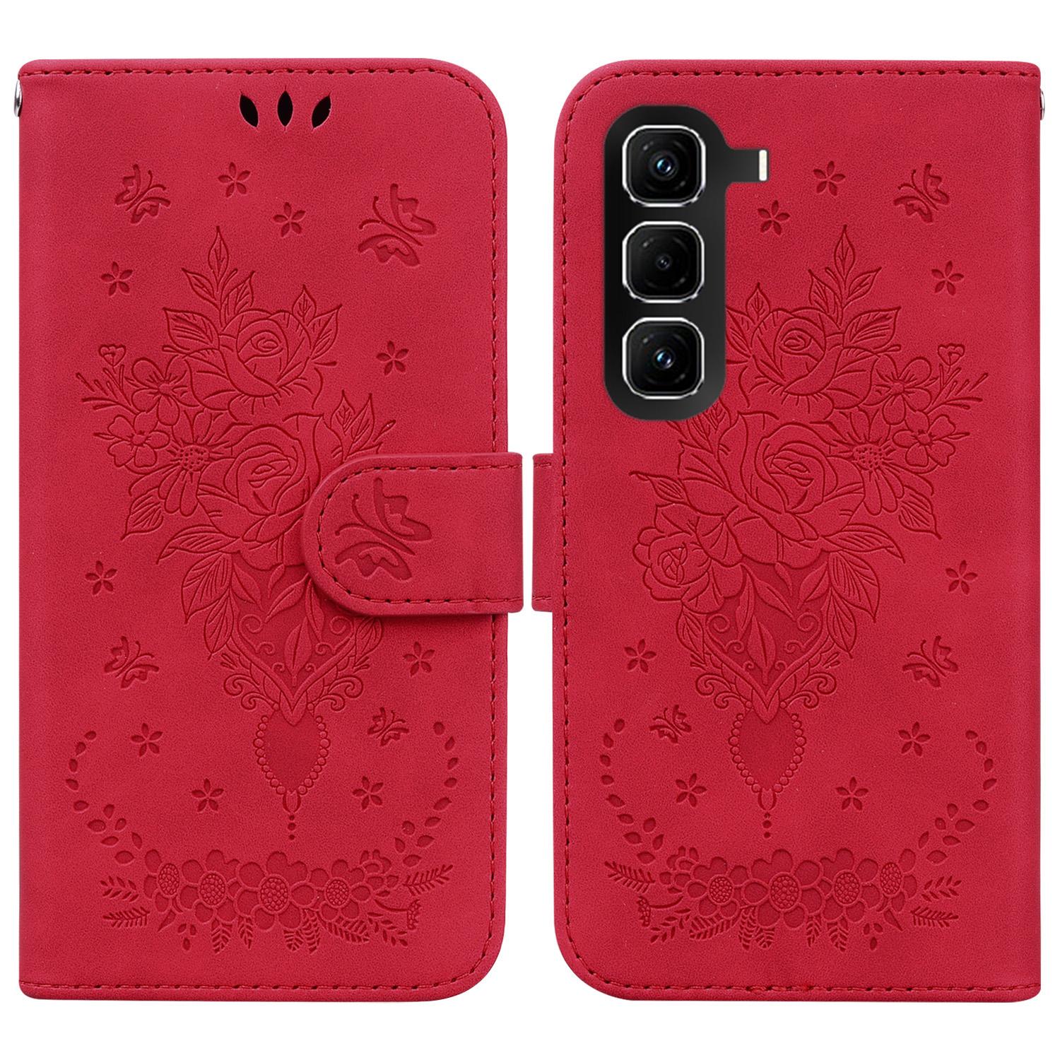 

For Infinix Hot 50 Pro+ 4G Case Butterfly Flower Imprint PU Leather Wallet Phone Cover with Strap Red