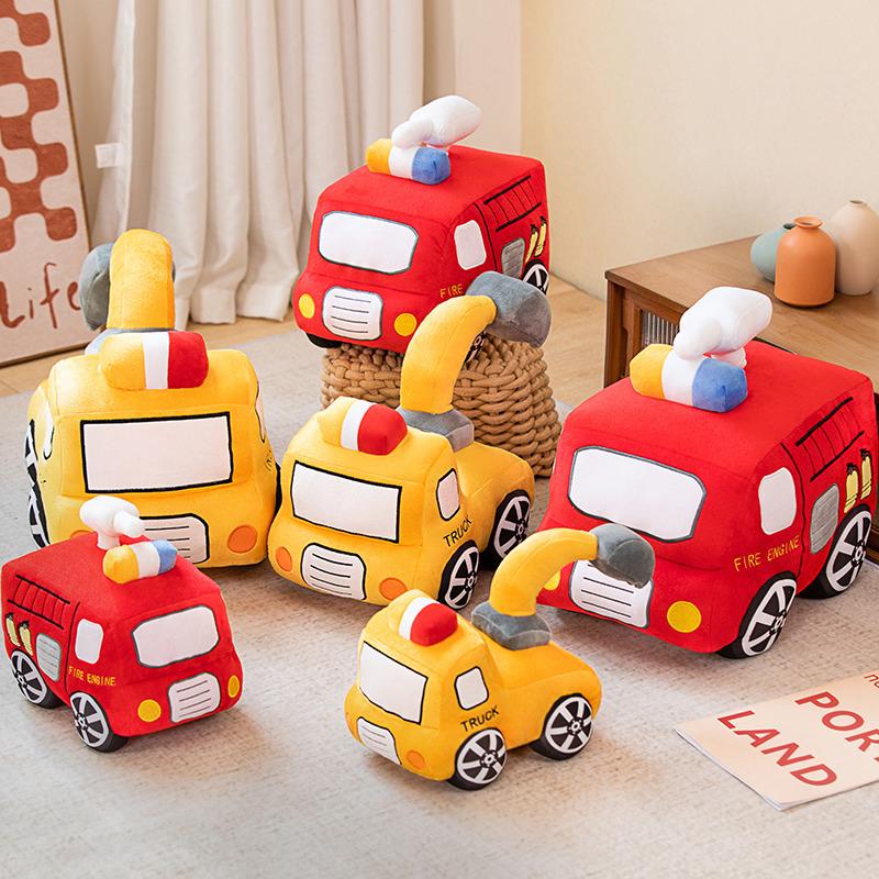New Fire Truck Excavator Plush Toys Cartoon Car Stuffed Doll Cute Huggable Pillow for Kids Children Boys Christmas Birthday Gift