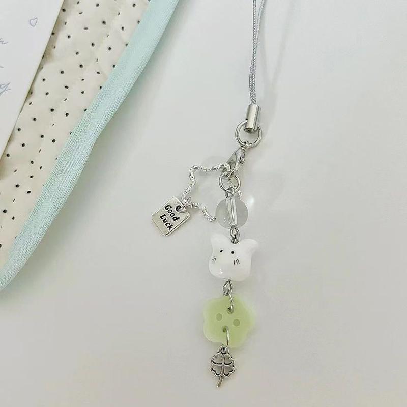 Sweet Y2K Cute Strawberry Mobile Phone Lanyard Lovely Rabbit Four Leaf Clover Star Keychain Bag Charms Girls Fresh Cute Pendant