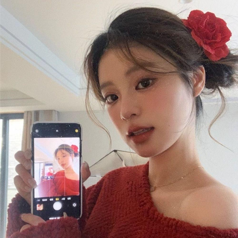 Bohemian Style Red Rose Hairpin Korean Style Girl Hair Clip Sweet Flower Hair Clip  Summer