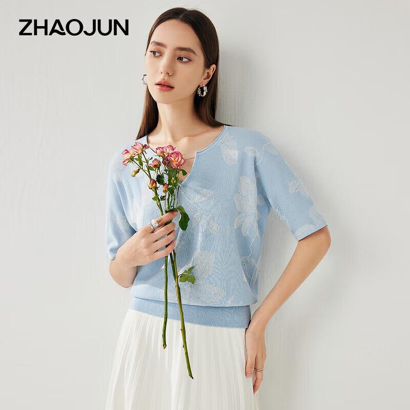 Zhaojun Women's Rose Jacquard V-Neck Silk Blend T-Shirt