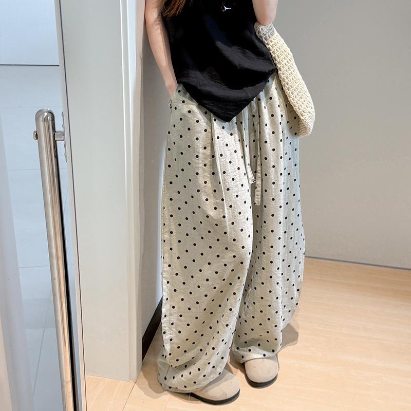 Women’s Dot Pants Loose Casual Summer Spring Trousers Lightweight Wide Leg Pants Korean Full Pants Trousers