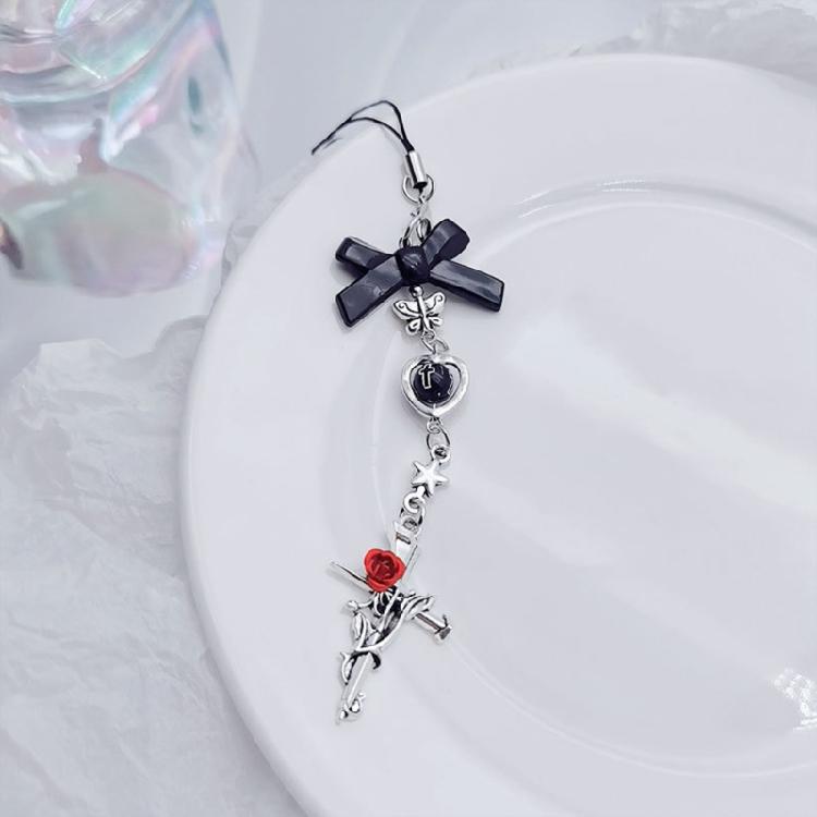 Mobile Phone Charm Gothic Cross Bat Rose Pendant Keychain Strap Lanyard for Bag