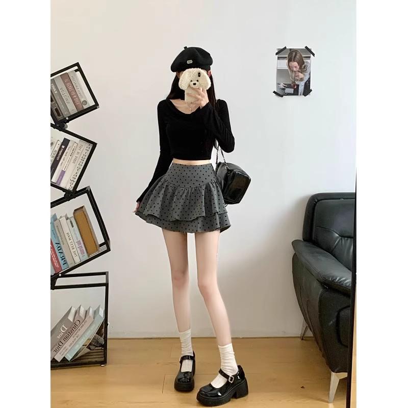 Plus Size Polka Dot High Waist A-Line Skirt for Women - Grey and Fluffy, Irregular Short Design for Summer