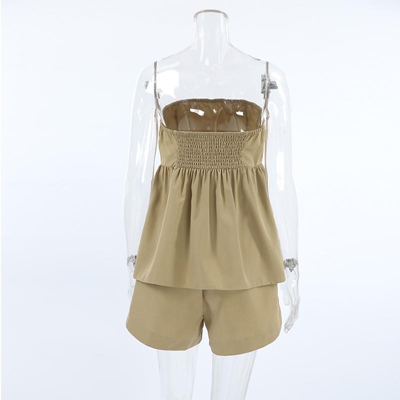 Summer Y2K Shorts Set Sexy Khaki Strapless Top High Waisted Wide Leg Shorts Set for Women's Summer Elegant Casual 2 Piece Sets