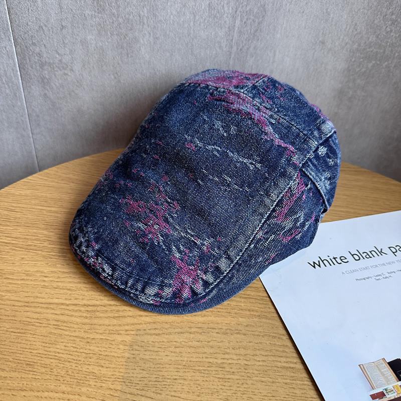 Washed Retro Denim Beret With Pattern Design For Womens Daily Casual Outing