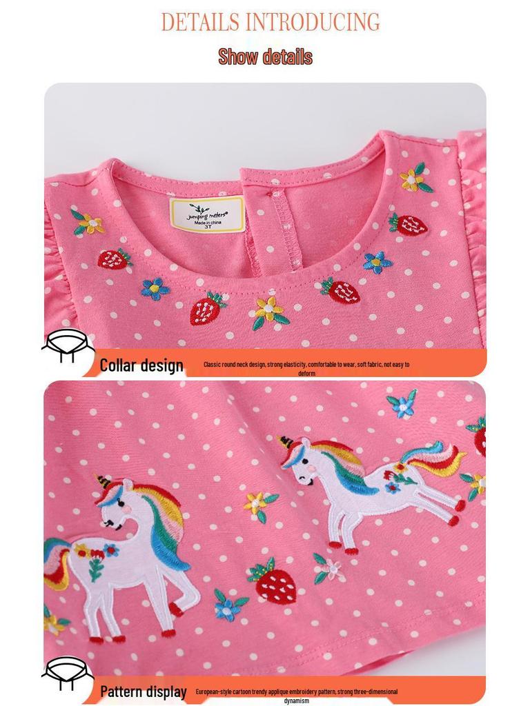 Sommer-Kinder-Strickkleid mit kurzen Ärmeln und Katzenstickerei