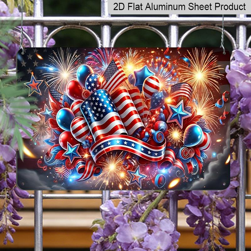 2D Flat, 1pc Patriotic Celebration Plaque, 12"×8" - Fireworks & Balloons Decor Sign, Red White & Blue - Aluminium Wall Hanging Decoration for